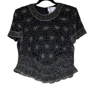 Vtg Adrianna Papell Papell Boutique Evening Black Silk Beaded Top Sz L Old Money
